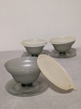 Vintage Tupperware 754 Smoky Gray Dessert Pudding Cups & Lids Set of 3 Retro